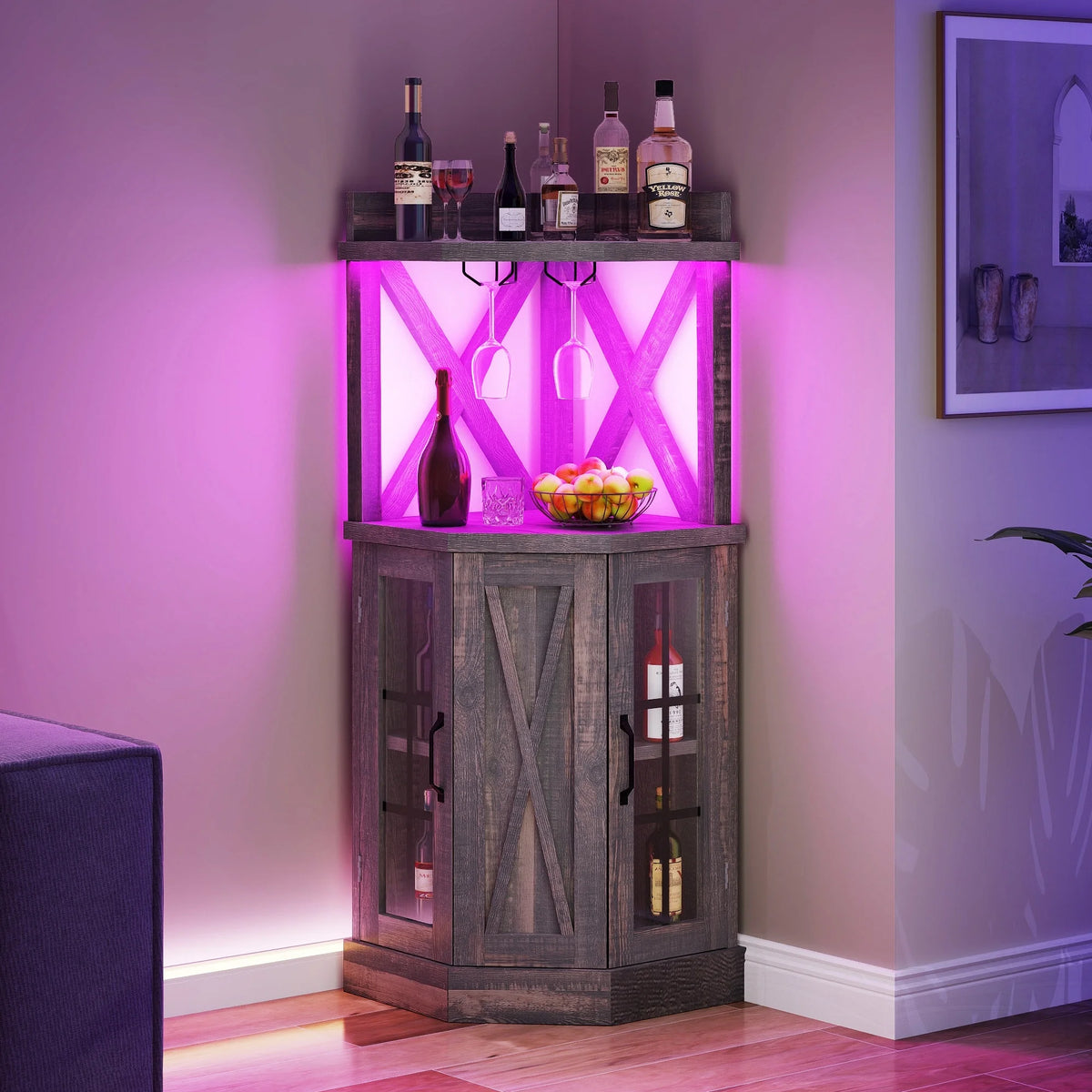 DEXTRUS 72" Corner Bar Unit, 3 Tier Freestanding Wine Bar Cabinet with LED Lights & Glass Holder & Adjustable Shelf, Black Oak