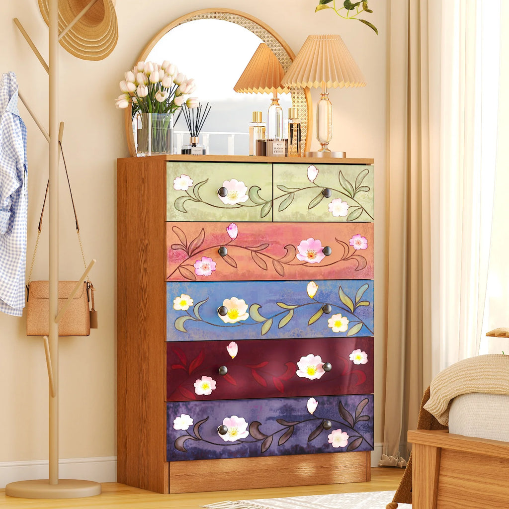 Ktaxon Wood 6-Drawer Dresser Organizer for Bedroom Storage Tower for Entryway Hallway Closet, Tall Chest Organizer Unit with Wood Bins, Floral Painted Wooden