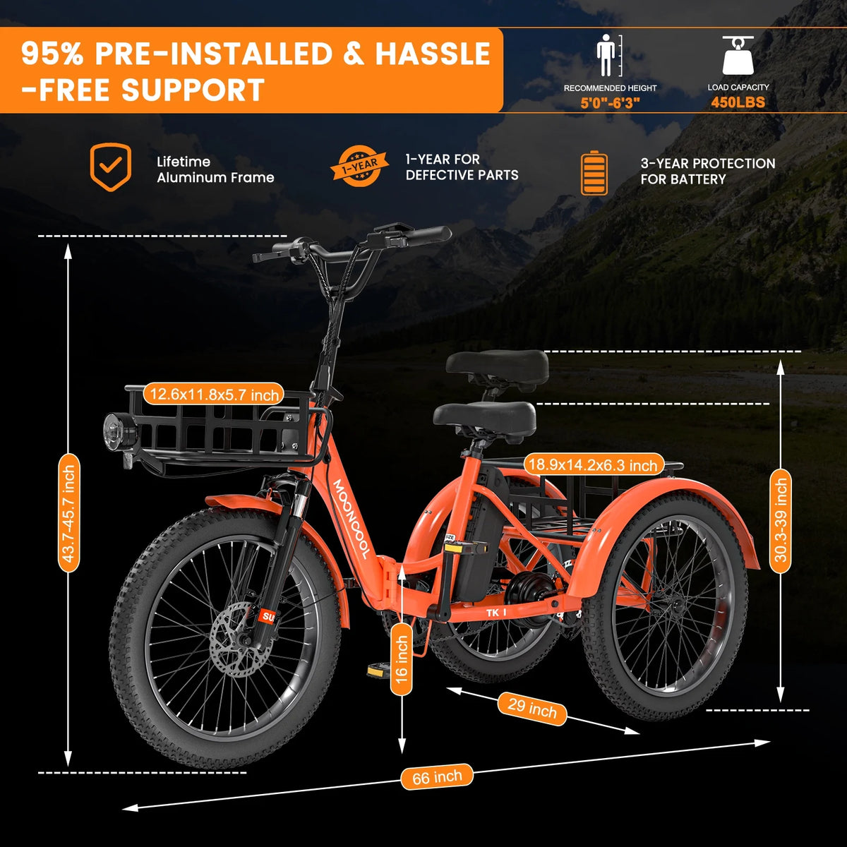 MOONCOOL TK1 Folding Electric Tricycle for Adults,48V 14.5Ah Removable battery, 500W��Peak 1000w��Motor, 20" Fat Tire Step-Thru 3Wheel Electric Bicycle w/Front&Rear Baskets, Certified to UL 2849 by SGS