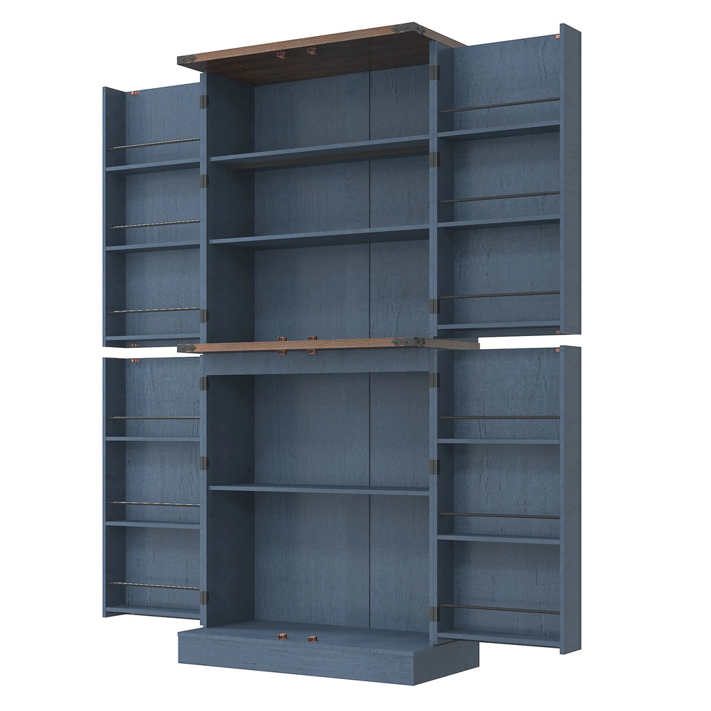 71" Tall Farmhouse Kitchen Pantry with 12 Side Shelves & Adjustable Shelves, 5 Layers Pantry Storage Cabinet w/Load-Bearing Steel Pipe & 4 Barn Doors for Kitchen, Dining Room, Living Room, Brown