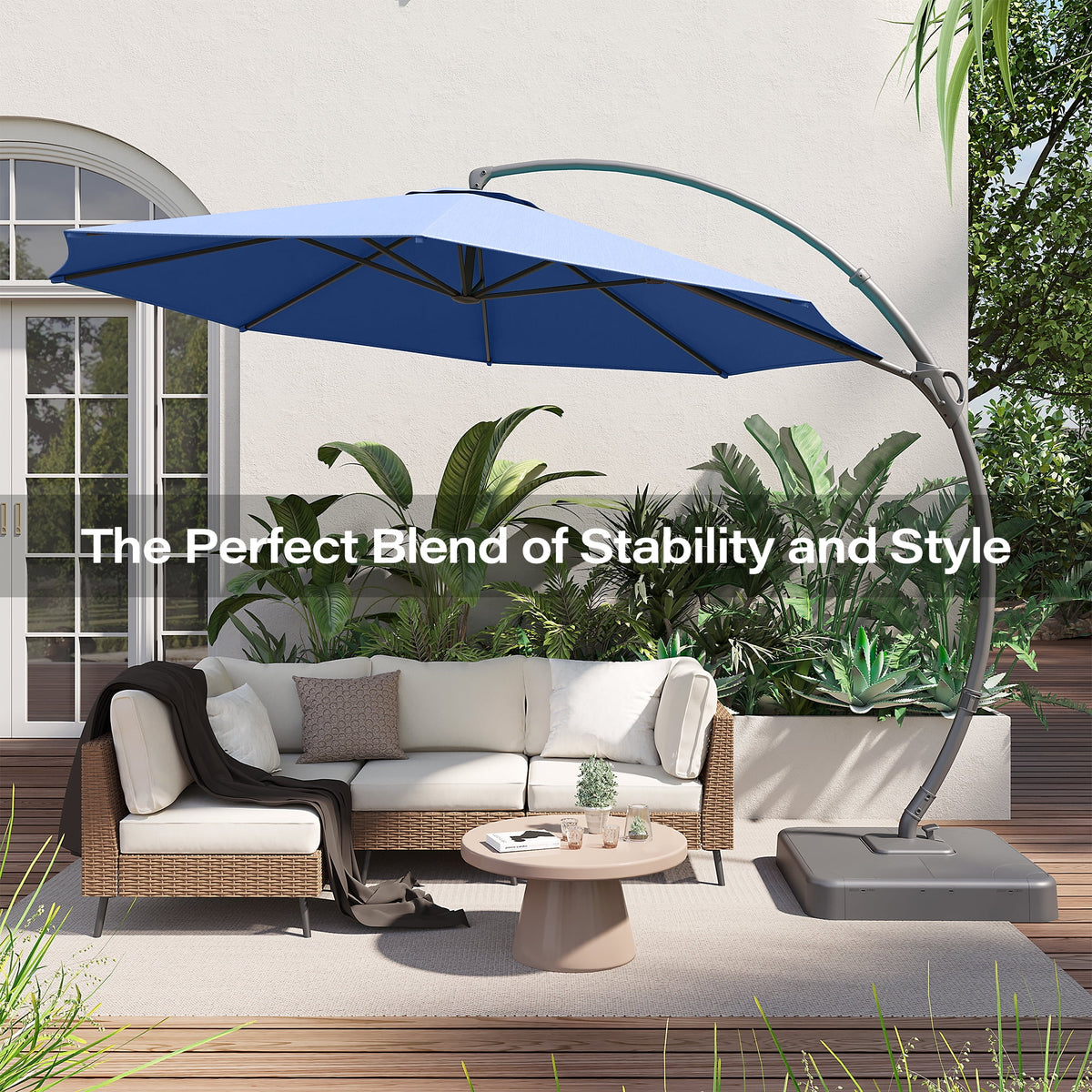 LAUSAINT HOME 11FT Patio Umbrella with Base, Outdoor Deluxe Curvy Cantilever Umbrella for Patio Pool Deck, Champagne