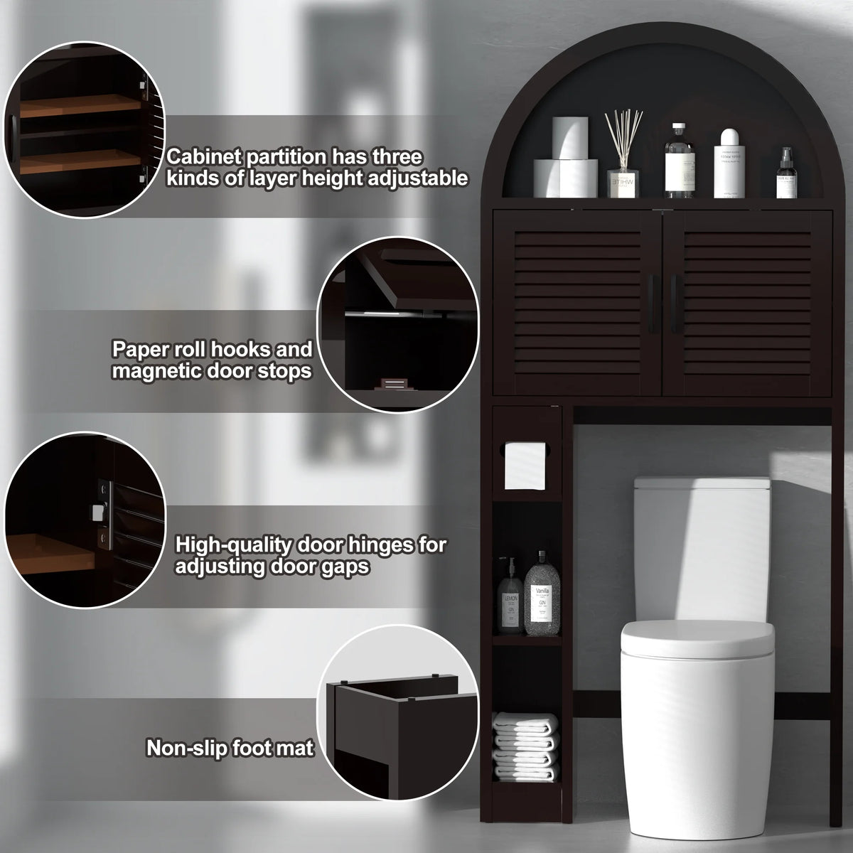 HARIPUL Over The Toilet Storage Cabinet w/ Unique Wood Grain & Arc Design, Freestanding Bathroom Shelf Organizer Space Saver w/ Doors & Anti-Tip Device, Wood Color