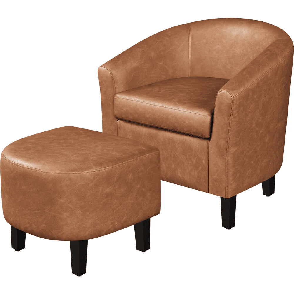 Easyfashion Barrel Accent Chair with Ottoman, Brown Faux Leather