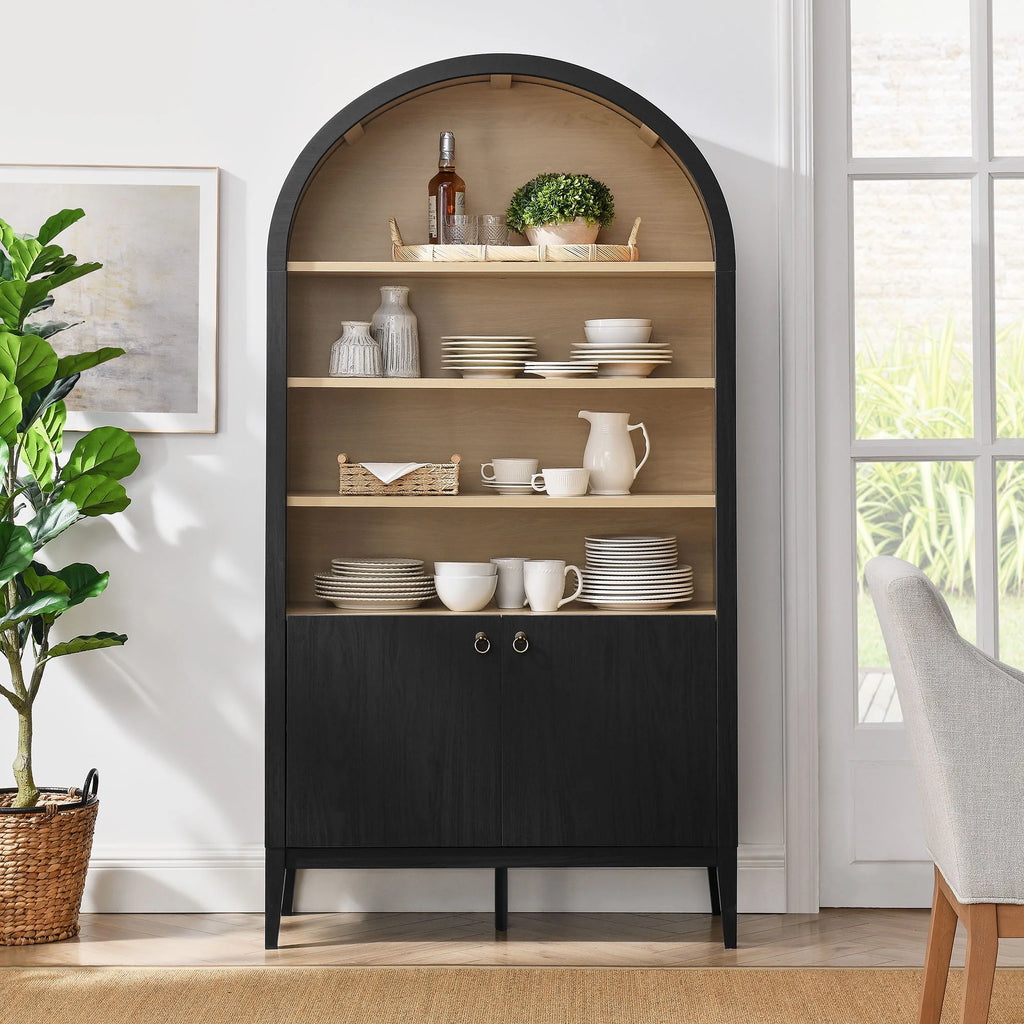 Modway Nolan 74" Tall Arched Storage Display Cabinet Bookshelf in Black