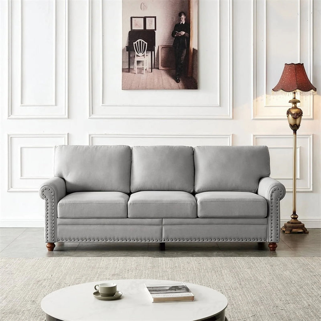 3 Seater Sofa, 82.6" Modern Linen Fabric Tufted Upholstered Accent Sofa with Storage Box and Silver Nails, Curved High Back and Solid Wood Leg for Living Room, 7 Inches Seat Cushion, Grey