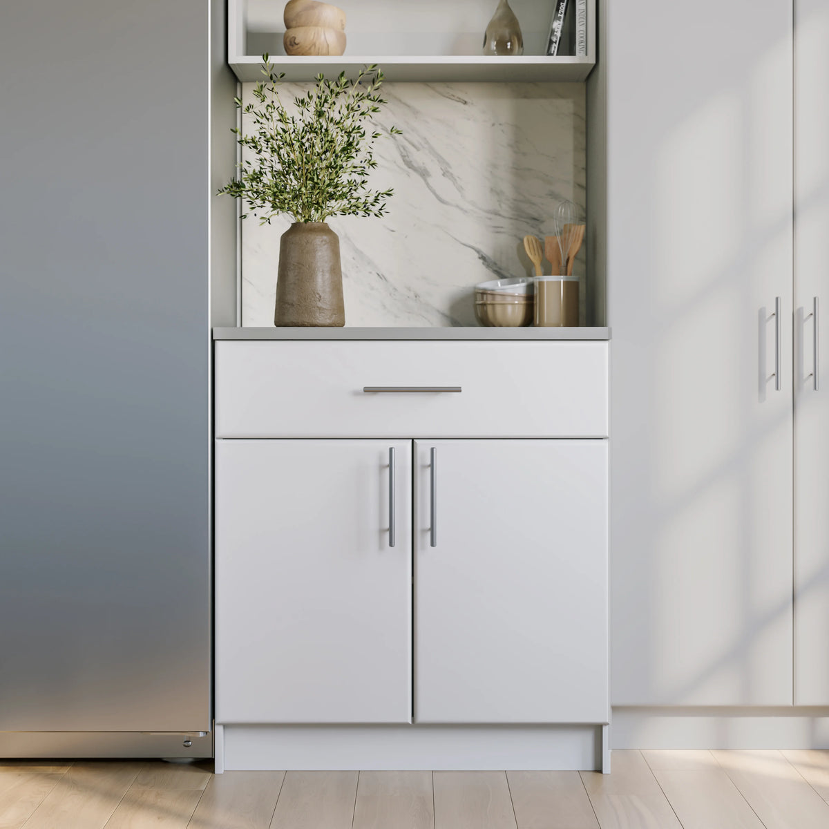 Prepac Elite 36" Tall Storage Cabinet with Doors and Shelves, Multipurpose Garage Cabinet with Large Drawer and Adjustable Shelf, Open Back Storage Furniture for Kitchen, Laundry Room, Garage, White