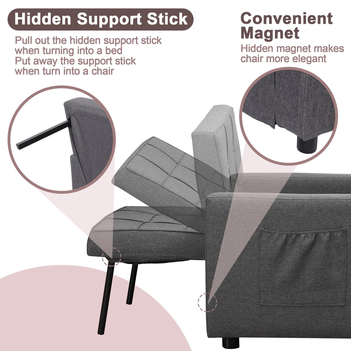 Tolead 3-in-1 Convertible Sofa Bed Sleeper Chair with Adjustable Backrest, Gray