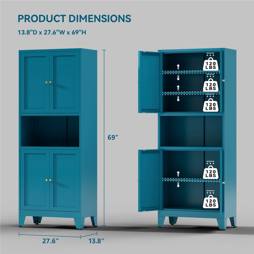 Elegant 69" Tall Modern Kitchen Pantry,Metal Storage Cabinet with Adjustable Shelves,Pantry Storage Cabinet for Kitchen,Dining Room,Living Room,Blue