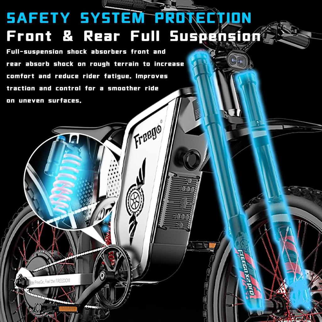 50MPH Electric Dirt Bicycle Freego X2 Pro,6000W(Peak)Motor Electric Motorcycle, Electric Bike for Adults, 60V30AH Battery, 19x2 Tire Full Suspension Hydraulic Brake Half Throttle UL2849