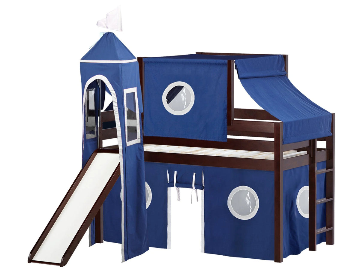 JACKPOT! Castle Low Loft Bed with Slide, Red Yellow and Blue Tent and Tower, Twin, Cherry