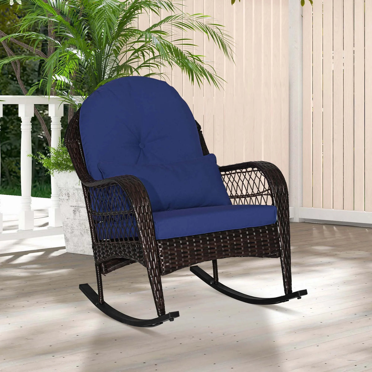 Costway Patio Wicker Rocking Chair W/Seat Back Cushions & Lumbar Pillow Porch Off White