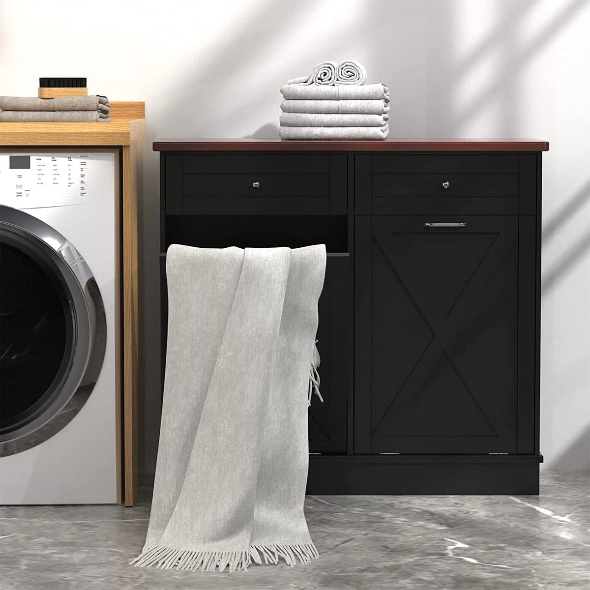 Tolead Double Tilt Out Trash Cabinet, Wooden Free Standing Laundry Sorter Cabinet, with Hideaway Drawer, White