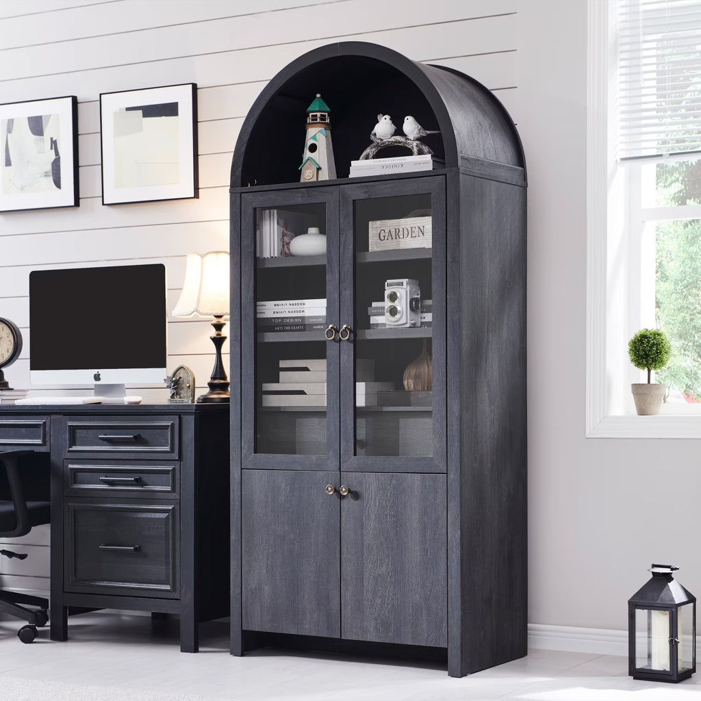 IFGET 71-Inch Arched 4-Tier Bookcase with Glass Doors and Drawers