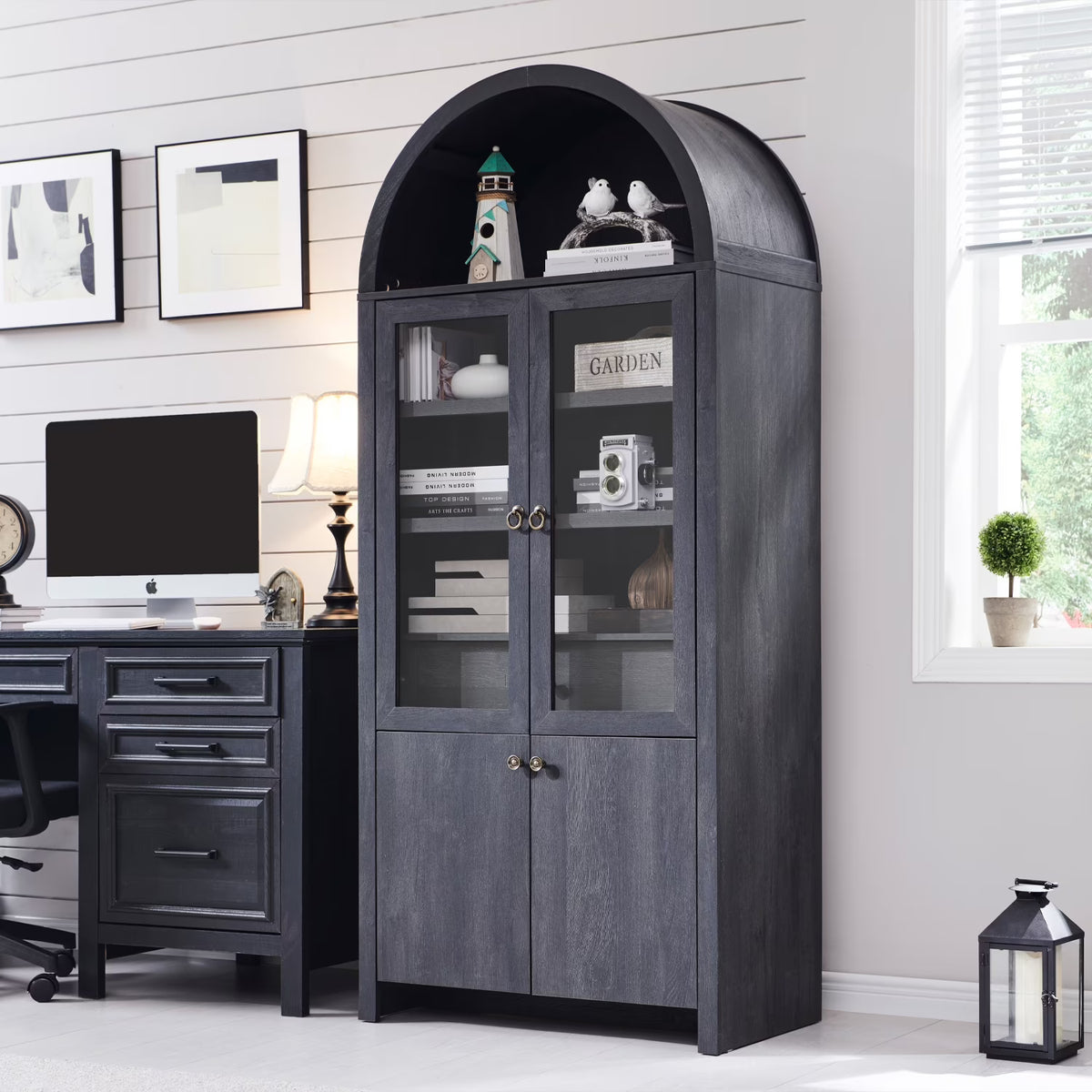 IFGET 71-Inch Arched 4-Tier Bookcase with Glass Doors and Drawers