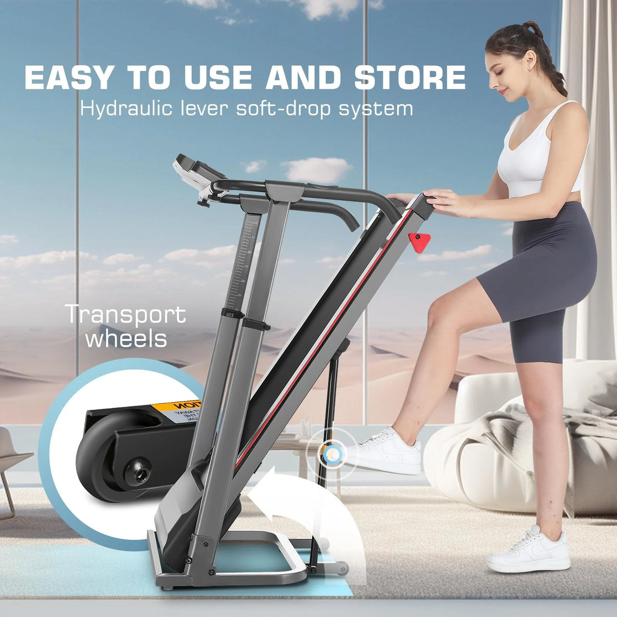Folding Treadmill with Removable Desk, Foldable Treadmill with Adjustable Height, Treadmill 300lb Weight Capacity, White