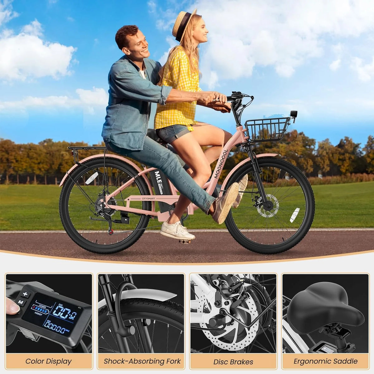 MOONCOOL Electric Bicycle for Adults 350W , 7-Speed Ebike with 36V 10.4Ah Removable Battery�� 40 Miles Range , 20 mph Electric Commuter Bike for Women Men, Certified to UL 2849 by SGS