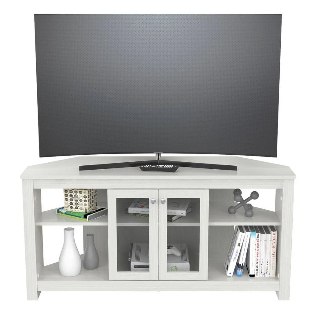 Inval Corner Laminate 60�� TV Stand with Glass Doors, White