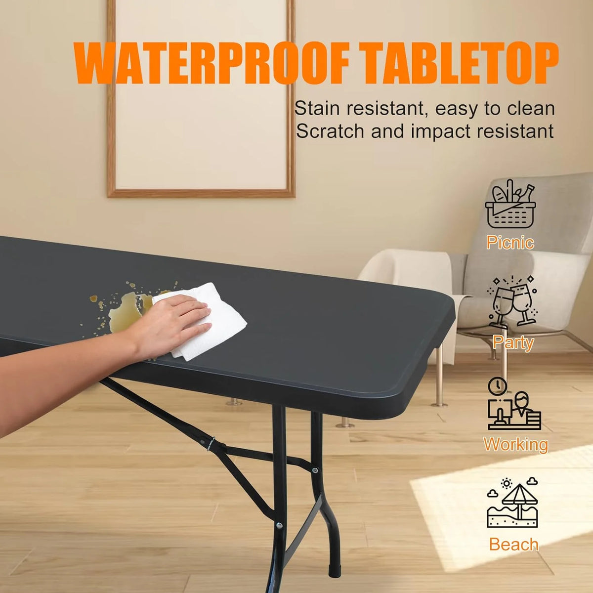 Folding Table with Carry Handle, Portable Fold-in-Half Plastic Table, Rectangle Foldable Table for Indoor