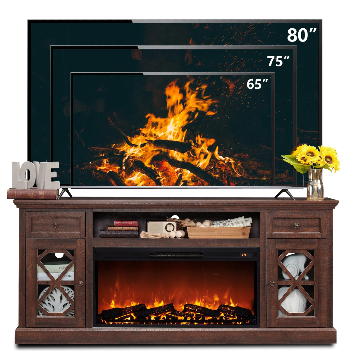 SinCiDo Farmhouse Fireplace TV Stand 75 Inch, Electric Fireplace TV Stand Up to 80 Inch TVs, Entertainment Center with Fireplace for Living Room