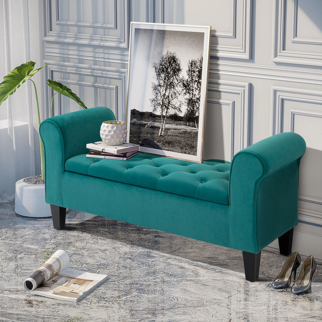 HOMCOM Button-Tufted Storage Ottoman Bench, Upholstered Bench with Rolled Armrests for Living Room or Hallway, Blue