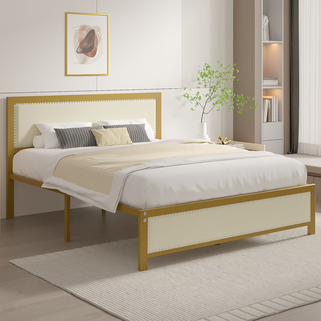 VECELO Queen Size Bed Frame Metal Platform Bed with Upholstered Headboard, No Box Spring Needed, Black