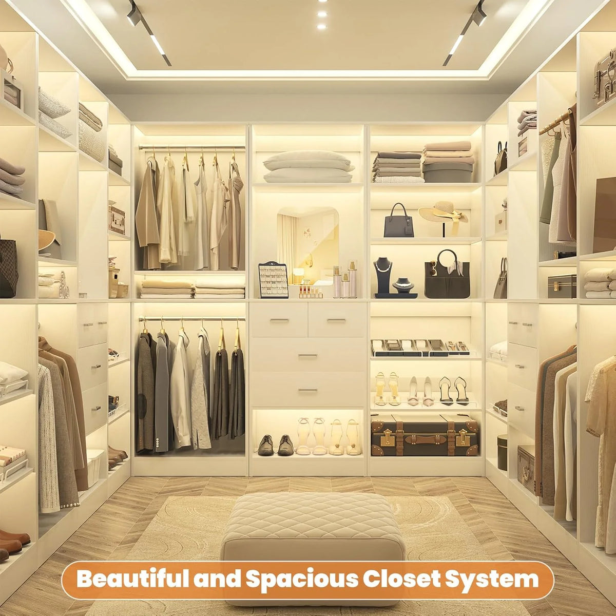 Homieasy 25�?Closet System, Freestanding Closet Organizer Wardrobe with Hanging Rods and Shelves, Adjustable Clothes Garment Rack, Sturdy Walk in Closet Tower, White