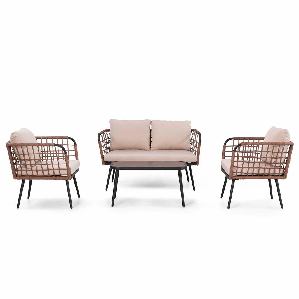 LAUSAINT HOME 4 Pieces Outdoor Conversation Sets, Patio Metal Frame Sofa with Wood Loveseat and Coffee Table, Beige Cushions