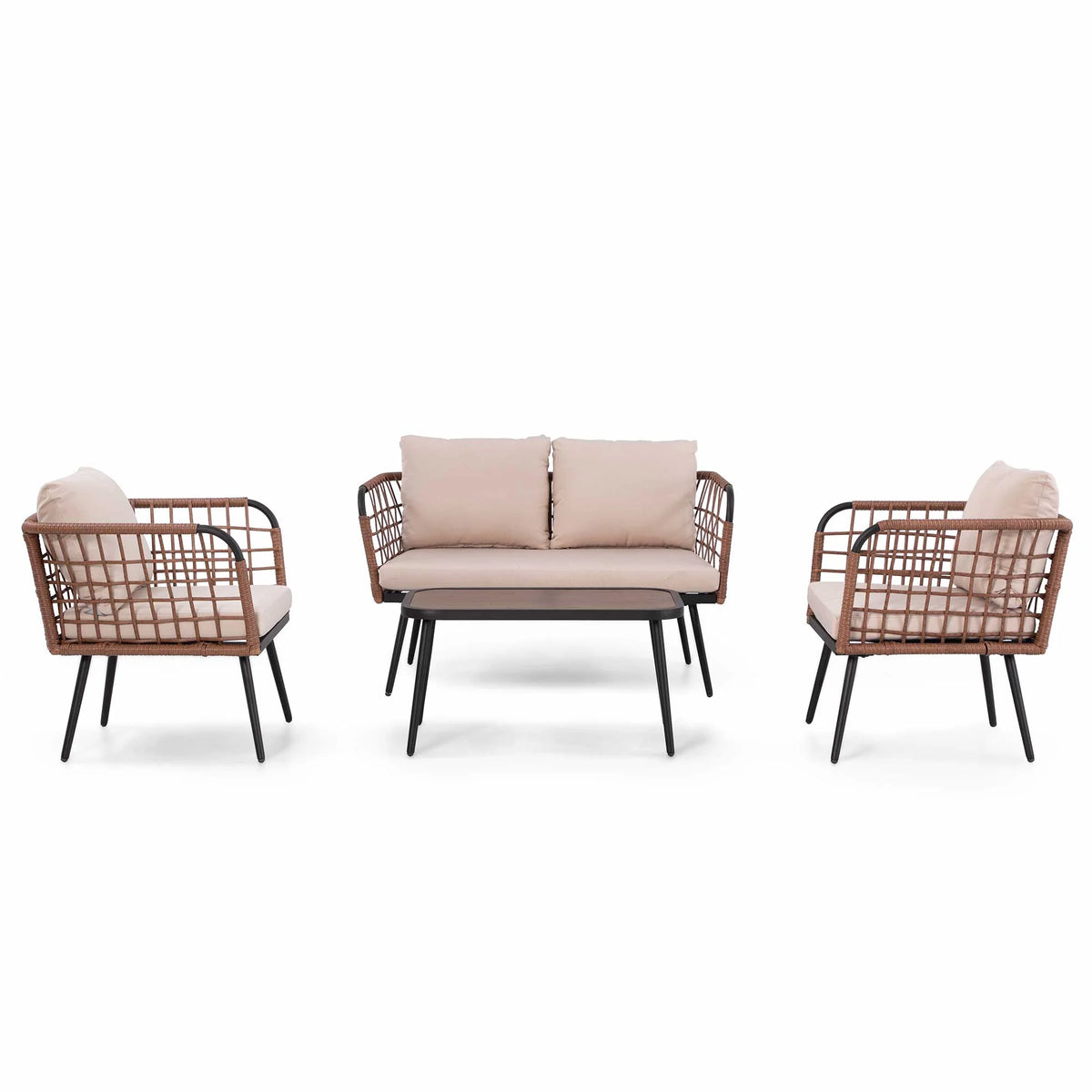 LAUSAINT HOME 4 Pieces Outdoor Conversation Sets, Patio Metal Frame Sofa with Wood Loveseat and Coffee Table, Beige Cushions