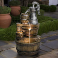 Outdoor Floor Rustic 5-Tiered Barrel and Pump Water Fountain for Garden and Patio Decor