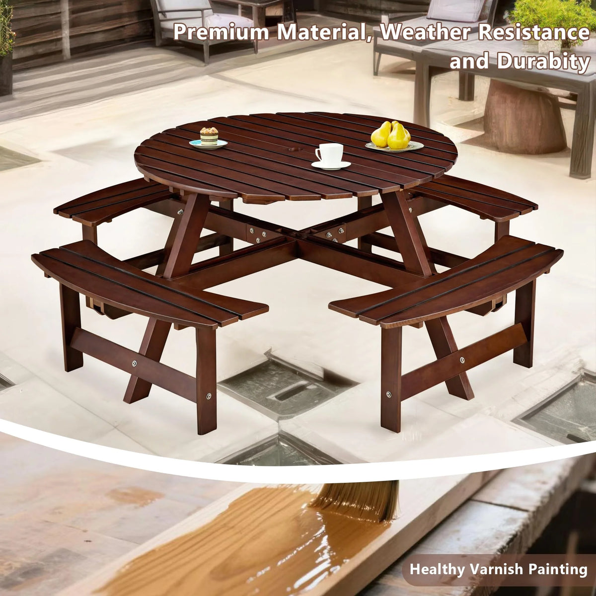 8 Person Wood Picnic Table, Outdoor Round Picnic Table with 4 Built-in Benches, Umbrella Hole, Outside Table and Bench Set for Patio, Backyard, 500lbs Capacity Per Bench