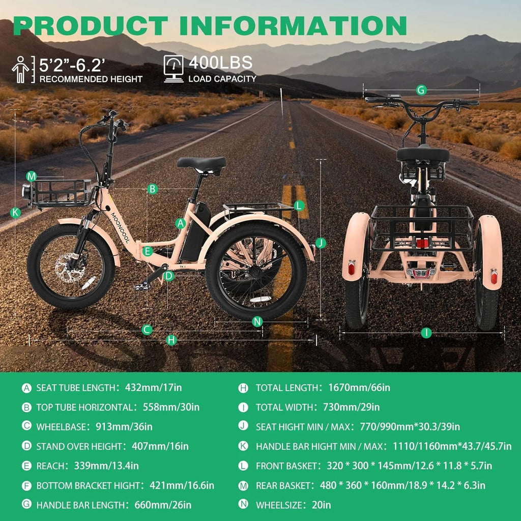 ABORON 3.0 Fat Tire Electric Trike for Senior Foldable E-Bike, 500W Motorized Tricycle Adult 20" Folding 3 Wheel Electric Commute Bike Trike w/48V Battery and Storage Baskets,