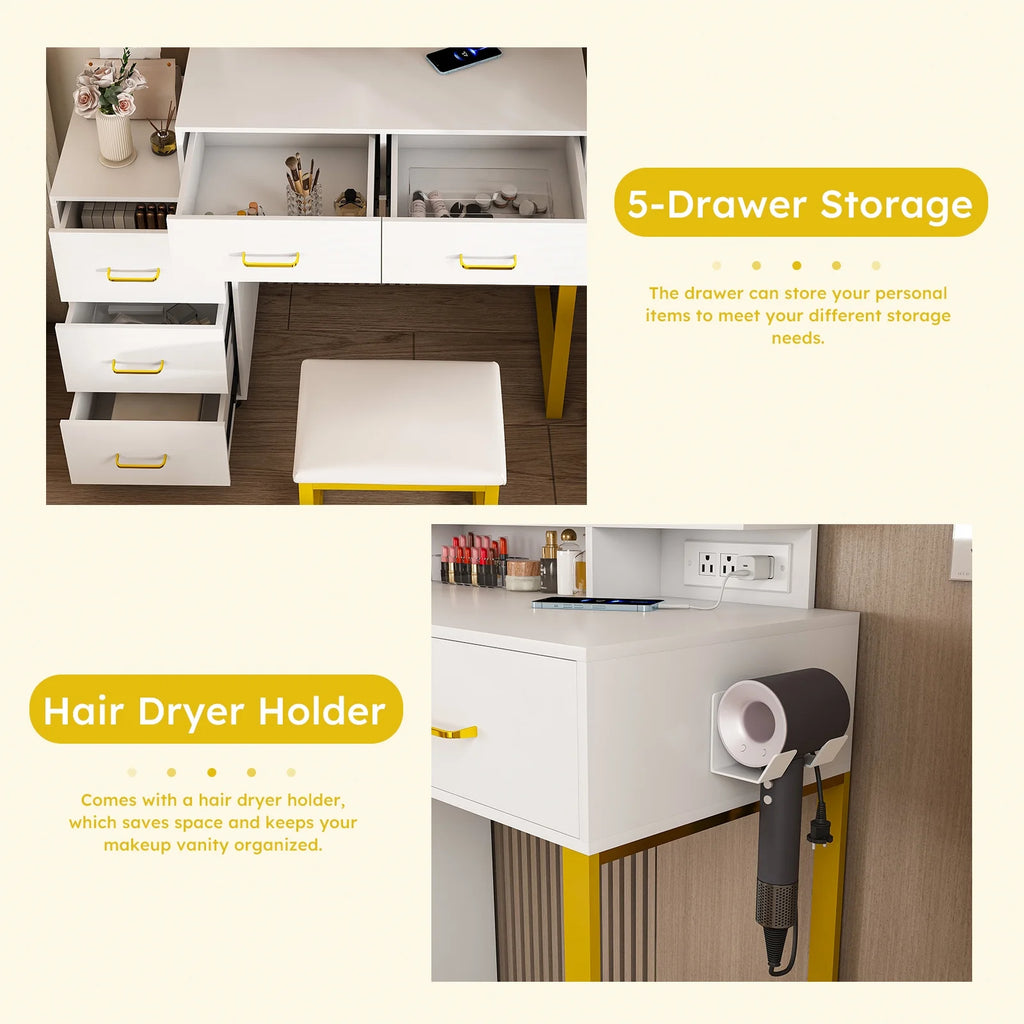 Montary Modern Mini Vanity w/Adjustable LED Mirror + Hidden Storage, Padded Stool & Dustproof Shelves (White)