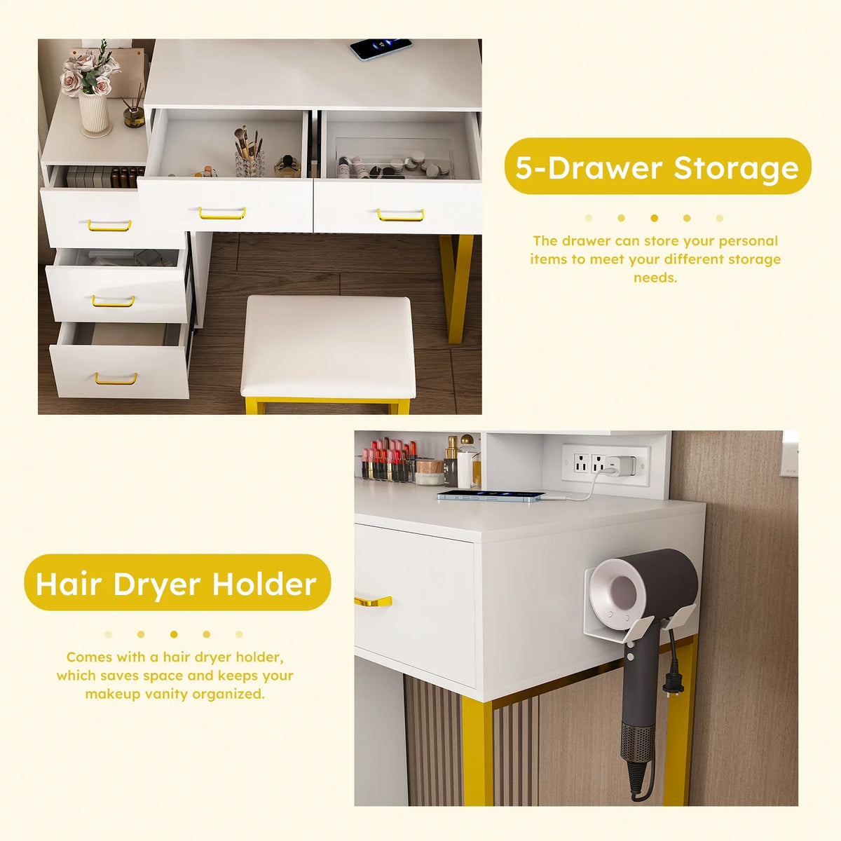 Montary Modern Mini Vanity w/Adjustable LED Mirror + Hidden Storage, Padded Stool & Dustproof Shelves (White)