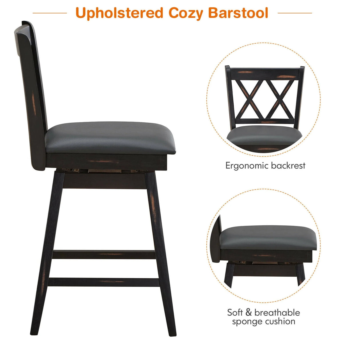 Gymax Set of 4 Barstools Swivel Counter Height Chairs w/Rubber Wood Legs Black