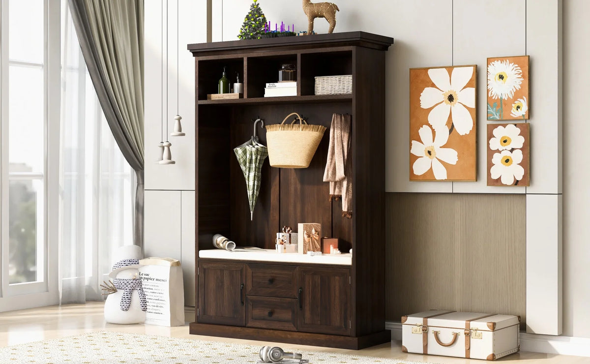 Triple Tree 3-in-1 Modern Wooden Tiger Entryway Bench Storage Cabinet Hall Tree