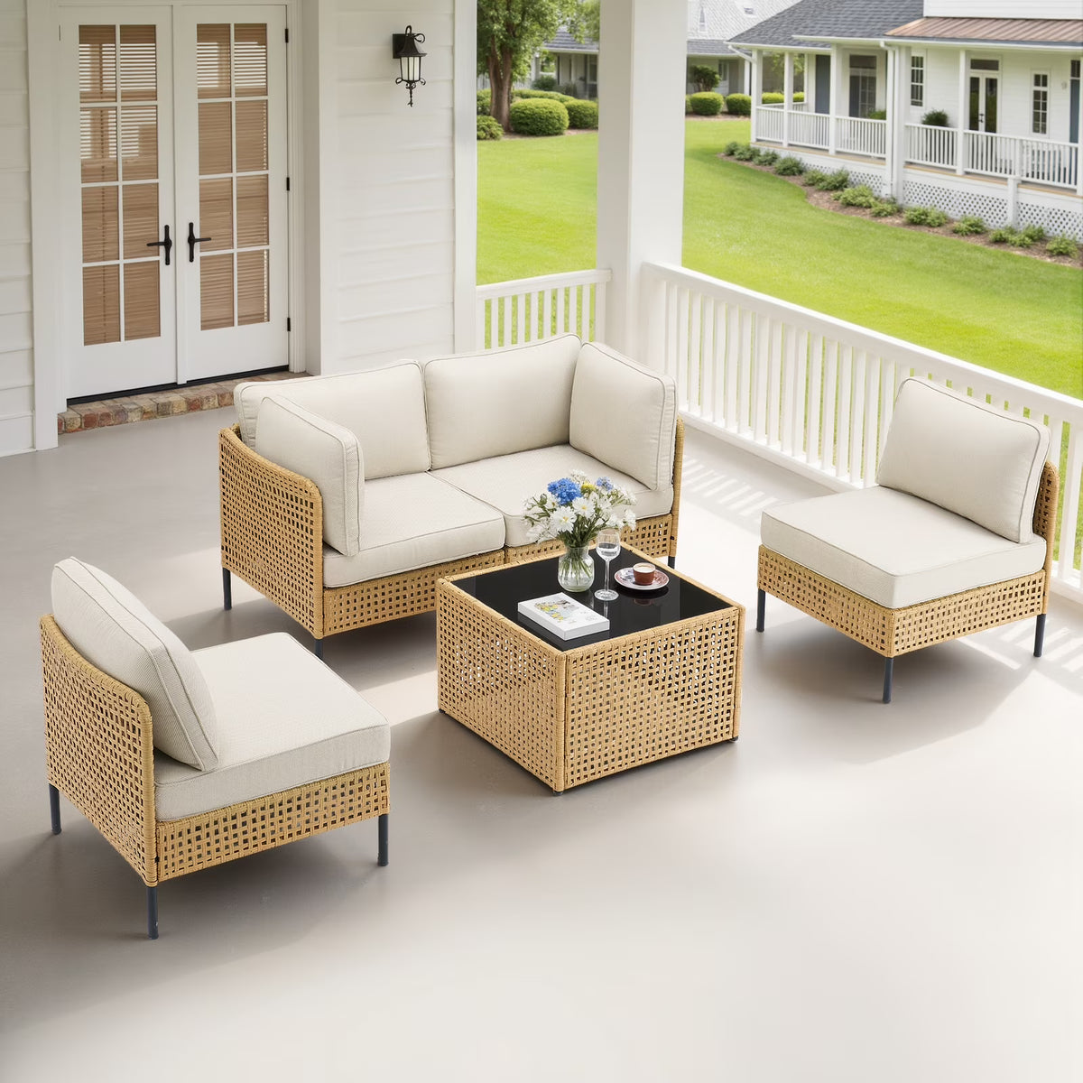 Swpormundo 6 Piece Wicker Patio Furniture Set,Outdoor Conversation Sectional Sofa w/Coffee Table,All-Weather Outdoor Sofa with Thick Cushions for Deck,Poolside,Garden,Beige