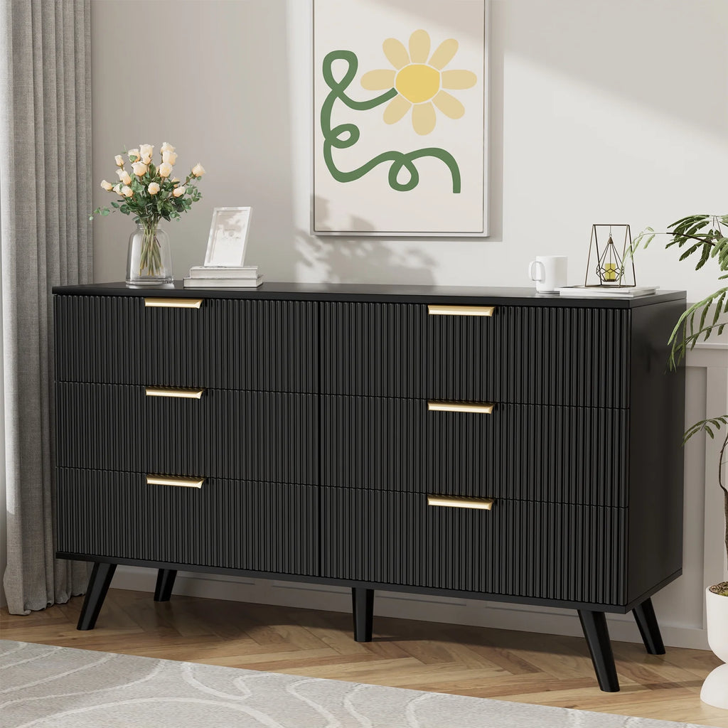 Planntonneo Boho Fluted 6 Drawer Dresser, Wooden Chests for Bedroom