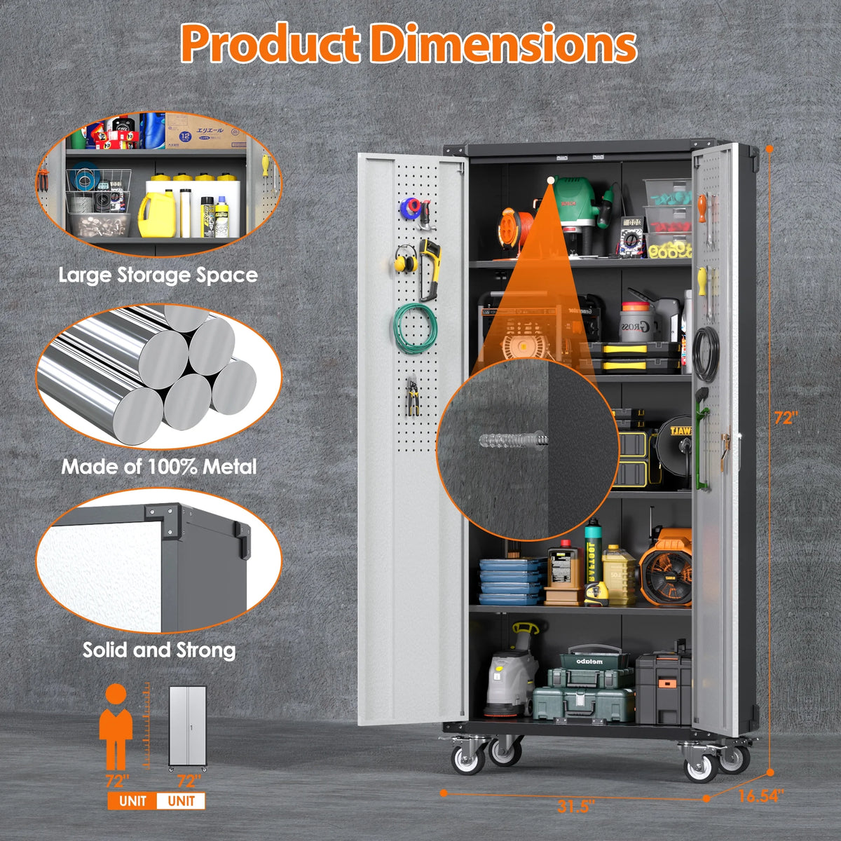 SUPEER 71" Metal Storage Cabinets with Wheels and Pegboards, Industrial Cabinet with 2 Drawers and 2 Adjustable Shelves,, Assembly Required
