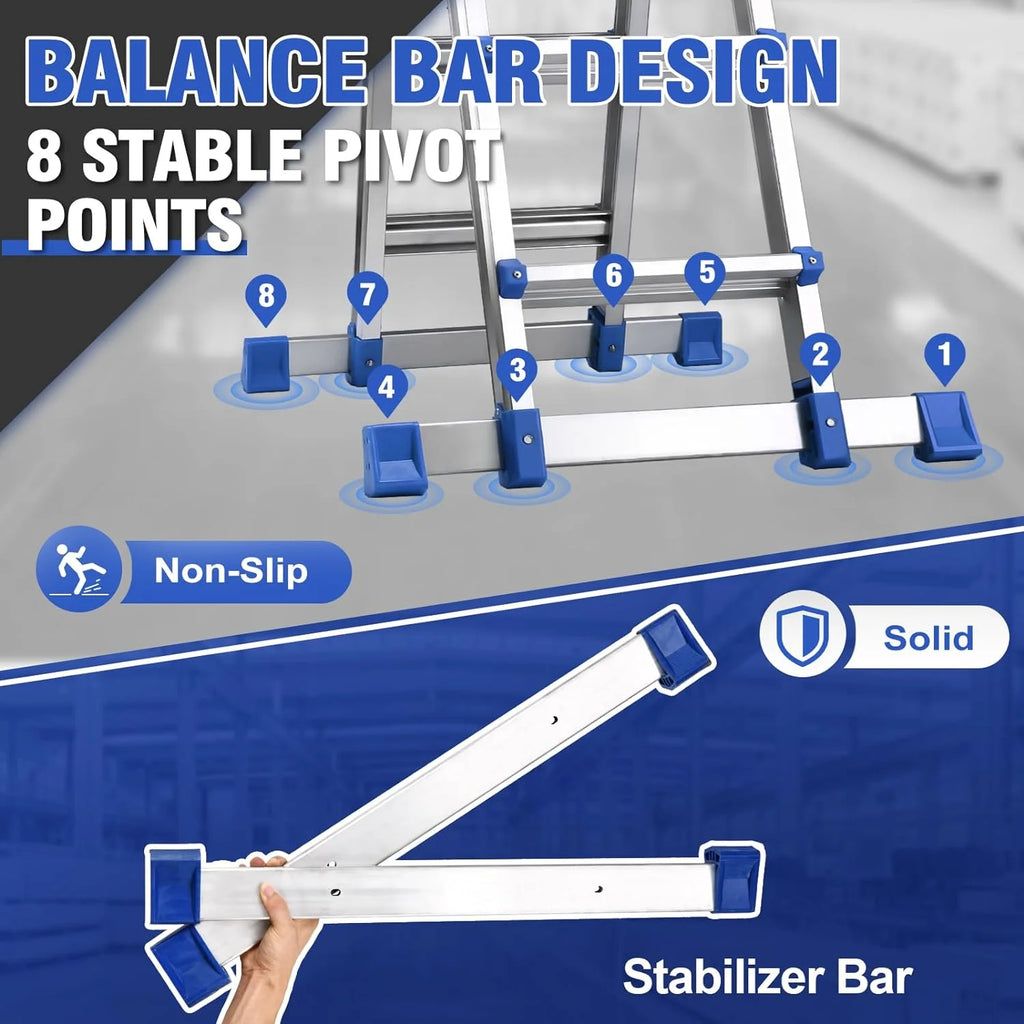 HBTower Ladder, A Frame 4 Step Extension Ladder, 14 Ft Multi Position Ladder with Removable Tool Tray and Stabilizer Bar, 330 lbs Capacity Telescoping Ladder for Household and Outdoor Work