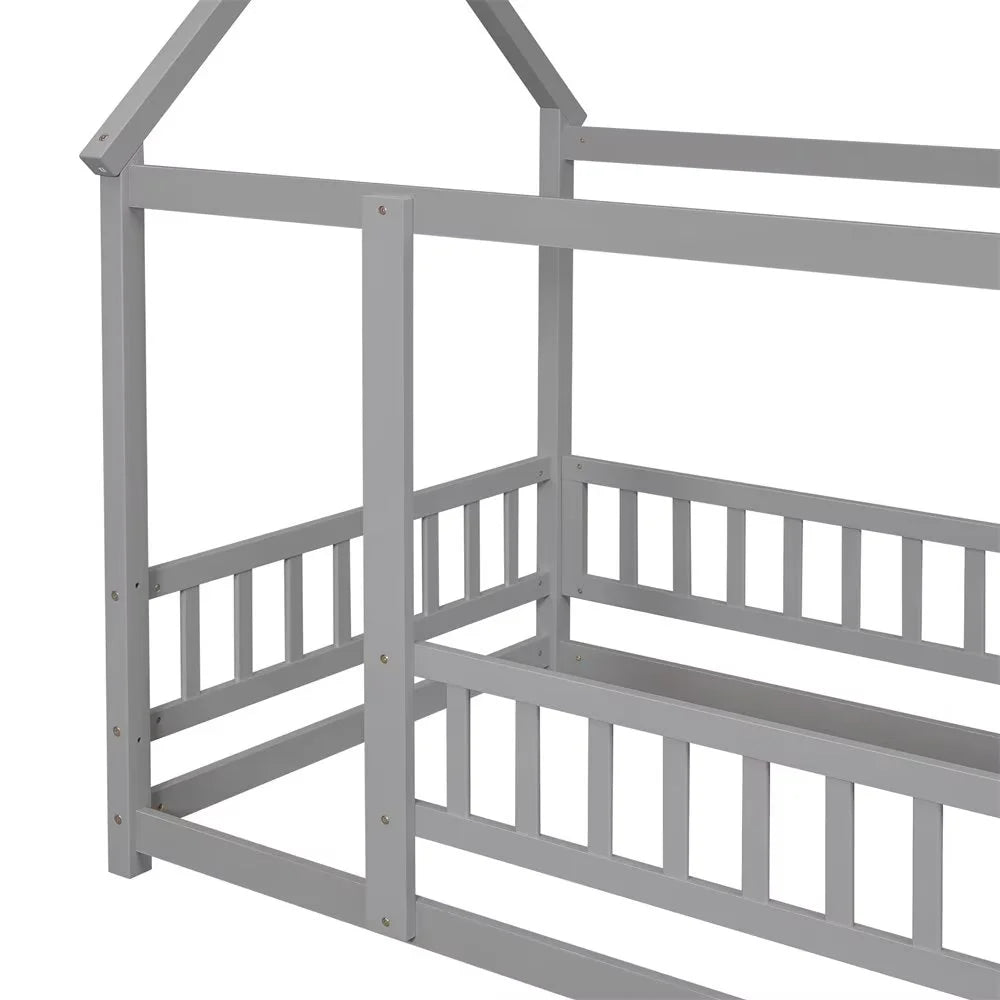 Twin Size House Bed for Boys and Girl, Wooden Canopy Bed Tent Bed, Playhouse Design Bed Frame with Full-lenth Guardrail, Bedroom Furniture, 79.5��L x 44.8��W x 66.2��H, White