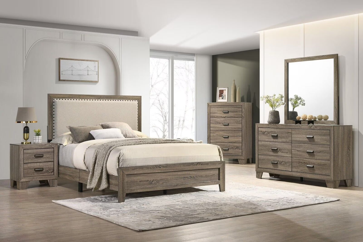 Beautiful Gray Finish 5Pc Full Size Upholstered HB Panel Bed Set Wooden Bedroom Furniture