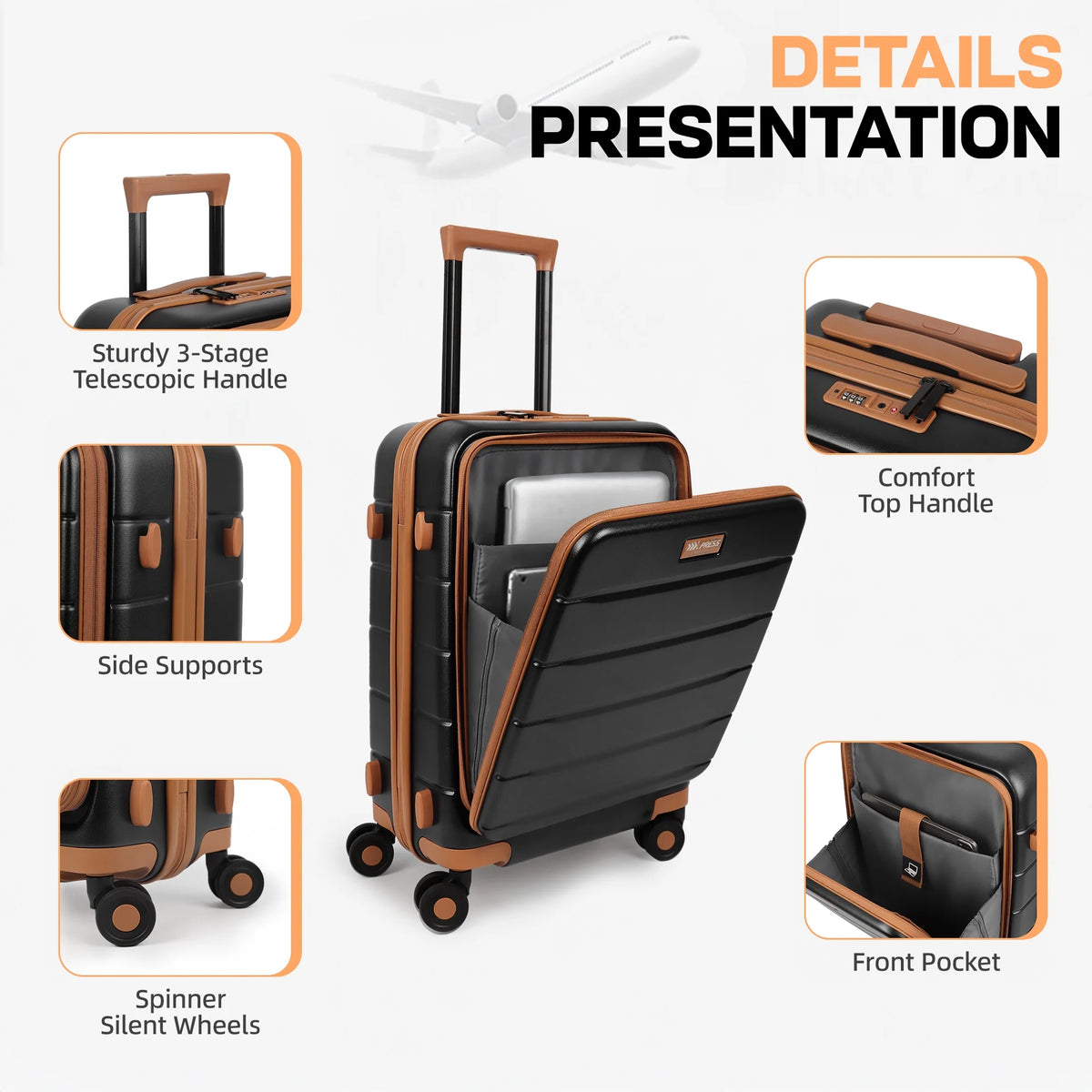 Carry On Luggage 22 x 14 x 9 Airline Approved Lightweight Hardside Spinner Luggage with TSA Lock and Laptop Compartment, Beige, CY2431