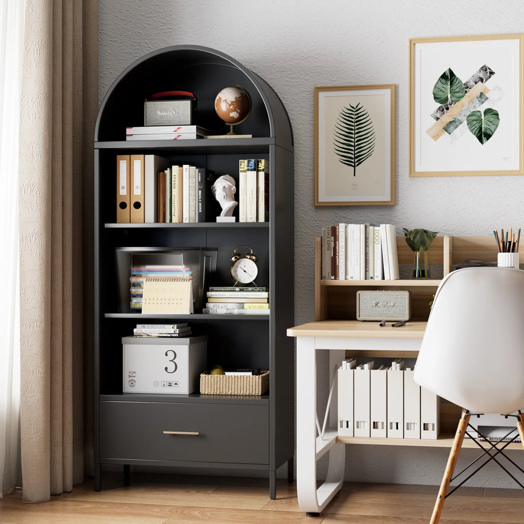 SUPEER Metal Arched Storage Display Cabinet with Glass Doors and Adjustable Shelves, Lockable Cabinet, Assembly Required, Black