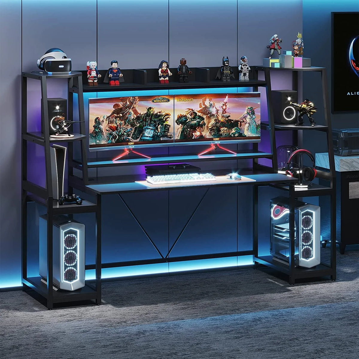 78.8inch Gaming Desk with LED Lights, Hutch and Storage Shelves, Ergonomic Computer Desk with Monitor Stand, Black