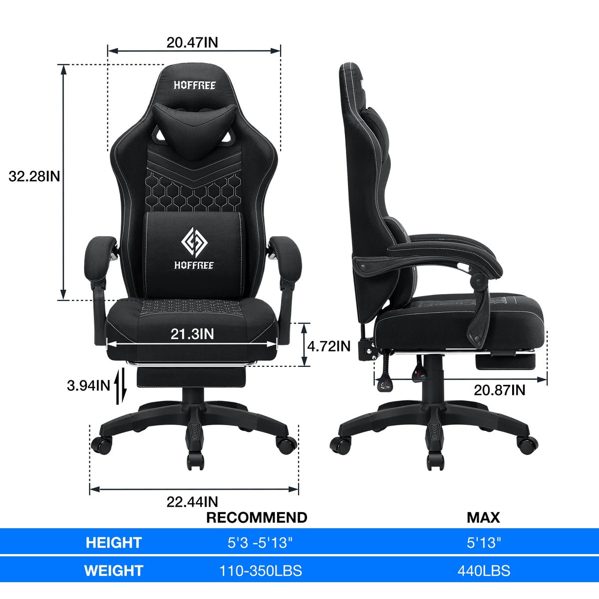 Hoffree Gaming Chair with Massage Fabric Office Chair with footrest for Adults, Ergonomic Gamer Chair with Headrest and Lumbar Support for Office Gaming, 440 LBS