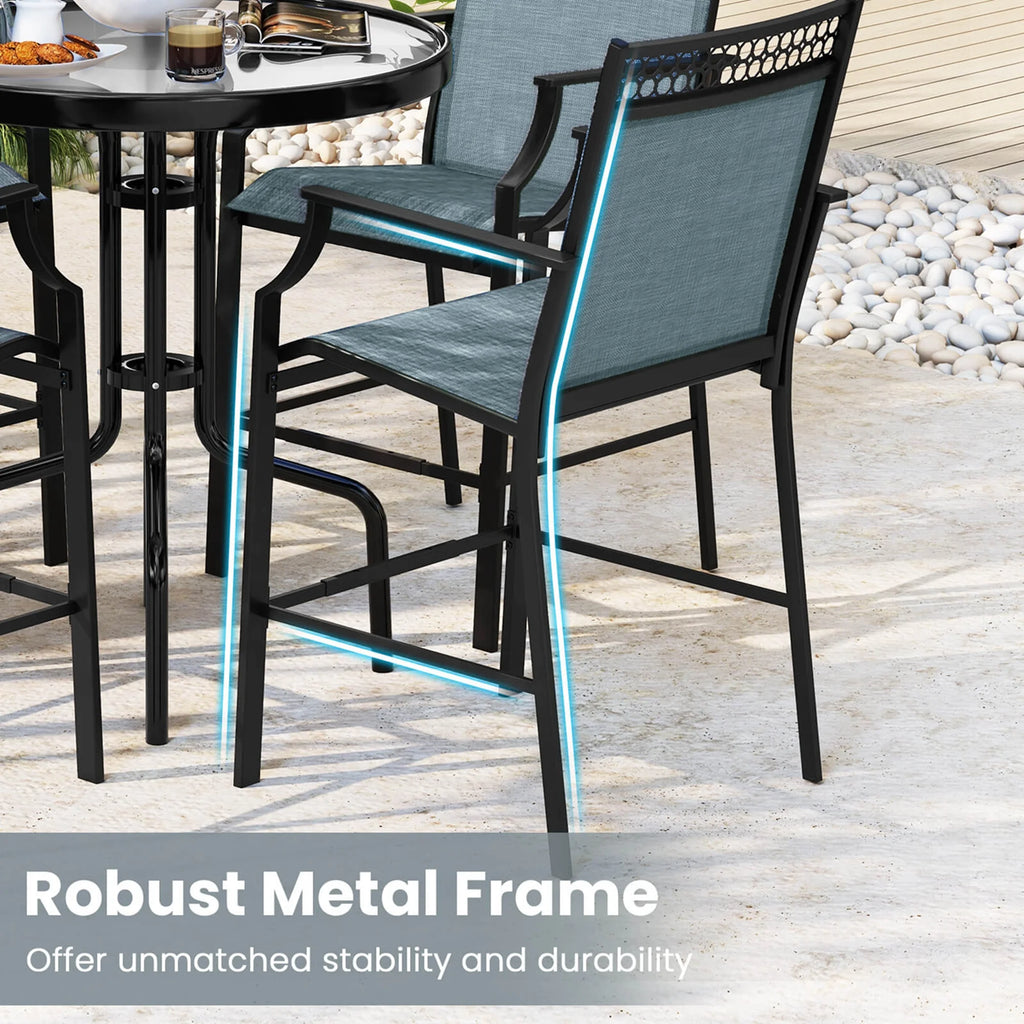 Costway Outdoor Counter Stools Set of 2 with Footrest & Armrests Metal Frame for Backyard Blue