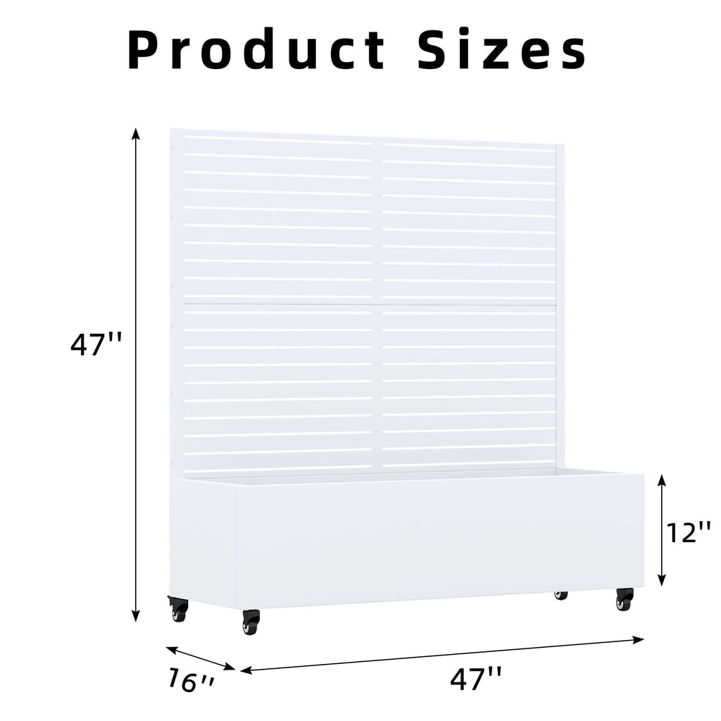 MAYEERTY 47*16*47"Outdoor White Metal Planter with Rect Louvered Climbing Trellis, Drainage hole & Wheels