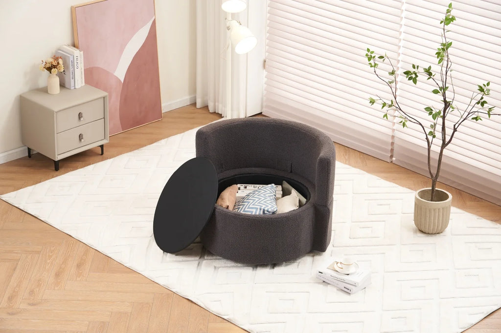 Swivel Barrel Chair, Teddy Round Swivel Accent Sofa Chairs with 3 Pillows and Storage, Modern 360 Degree Boucle Swivel Chairs for Living Room, Bedroom, Office (Dark Gray, Teddy)