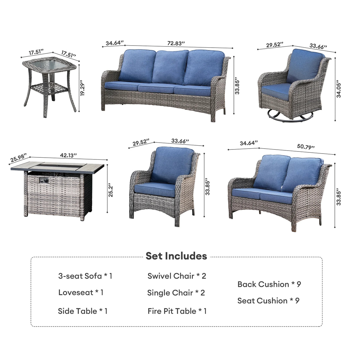 Vcatnet 8 Pieces Outdoor Patio Furniture Sectional Sofa All-weather Conversation Set with Swivel Rocking Chairs and Fire Pit Table for Garden,Poolside,Gray