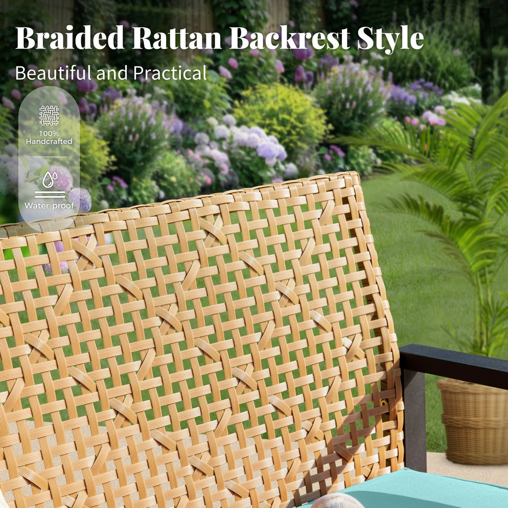 MF Studio 4-Piece All-Weather Rattan Patio Furniture Set, Outdoor Conversation Set with Wood Table, Brown and Beige